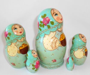 Marusya with apple basket cyan scarf medium nesting Doll Babooshki s