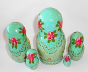 Marusya with apple basket cyan scarf medium nesting Doll Babooshki s