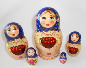 Marusya with strawberries blue scarf medium Babushka Matryoshka nesting Doll Babooshki Babushkas