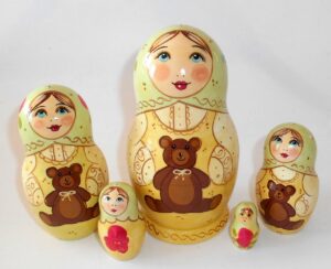Marusya with Teddy bear light green scarf medium Babushka Matryoshka nesting Doll Babooshki Babushkas