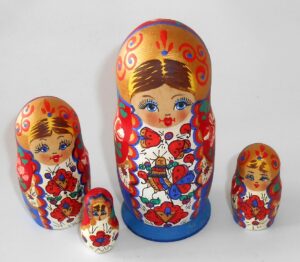 Rooster / Chicken Girl in red and blue floral dress 4-set Babushka Matryoshka nesting Doll Babooshki Babushkas Classic Village