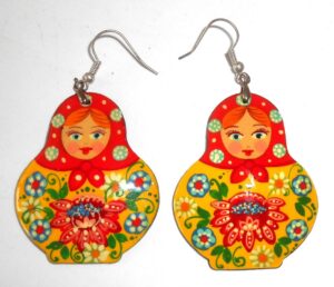 Earrings red scarf yellow dress Babushka Matryoshka Babooshki Babushkas