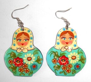 Earrings white scarf blue dress Babushka Matryoshka Babooshki Babushkas