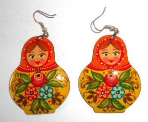 Earrings red scarf yellow floral dress Babushka Matryoshka Babooshki Babushkas
