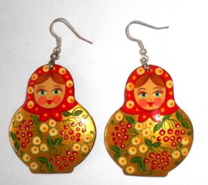 Earrings red scarf golden floral dress Babushka Matryoshka Babooshki Babushkas