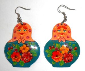Earrings orange scarf blue floral dress Babushka Matryoshka Babooshki Babushkas