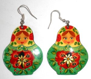 Earrings yellow scarf green floral dress Babushka Matryoshka Babooshki Babushkas