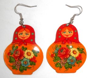 Earrings red scarf orange floral dress Babushka Matryoshka Babooshki Babushkas