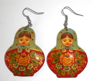 Earrings faded green scarf red floral dress Babushka Matryoshka Babooshki Babushkas