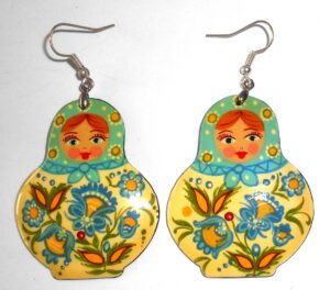 Earrings blue scarf white floral dress Babushka Matryoshka Babooshki Babushkas