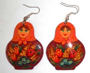 Earrings orange scarf dark red floral dress Babushka Matryoshka Babooshki Babushkas
