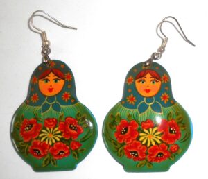 Earrings blue scarf dark green floral dress Babushka Matryoshka Babooshki Babushkas