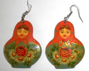 Earrings orange scarf green floral dress Babushka Matryoshka Babooshki Babushkas