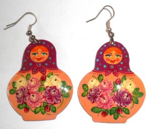 Earrings dark red scarf orange floral dress Babushka Matryoshka Babooshki Babushkas