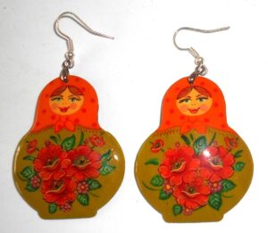 Earrings orange scarf khaki floral dress Babushka Matryoshka Babooshki Babushkas
