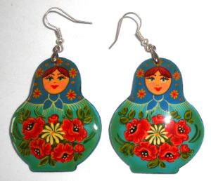 Earrings dark blue scarf blue floral dress Babushka Matryoshka Babooshki Babushkas
