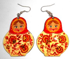 Earrings red scarf white floral dress Babushka Matryoshka Babooshki Babushkas