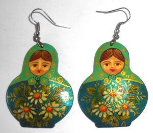 Earrings green scarf sparkling blue floral dress Babushka Matryoshka Babooshki Babushkas