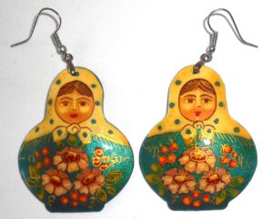 Earrings white w/dots scarf blue floral dress Babushka Matryoshka Babooshki Babushkas