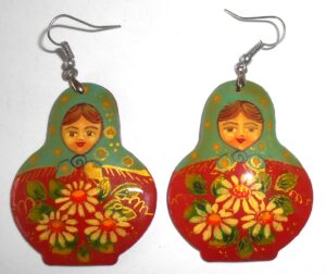Earrings faded green scarf red floral dress Babushka Matryoshka Babooshki Babushkas