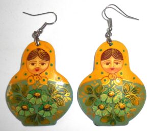 Earrings yellow scarf green floral dress Babushka Matryoshka Babooshki Babushkas