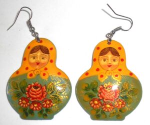 Earrings yellow w/dots scarf green floral dress Babushka Matryoshka Babooshki Babushkas