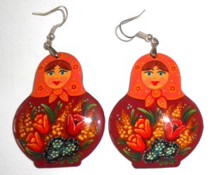 Earrings orange scarf dark red floral dress II Babushka Matryoshka Babooshki Babushkas