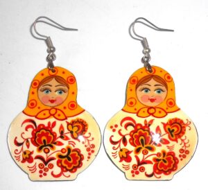 Earrings yellow scarf white floral dress Babushka Matryoshka Babooshki Babushkas