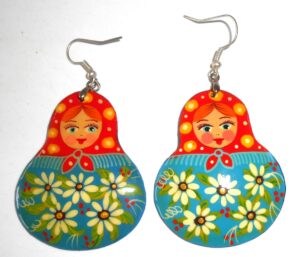 Earrings red scarf blue floral dress Babushka Matryoshka Babooshki Babushkas