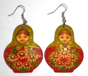 Earrings faded green scarf dark red floral dress Babushka Matryoshka Babooshki Babushkas