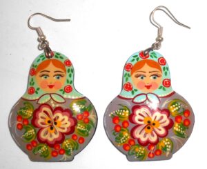 Earrings light blue scarf purple floral dress Babushka Matryoshka Babooshki Babushkas