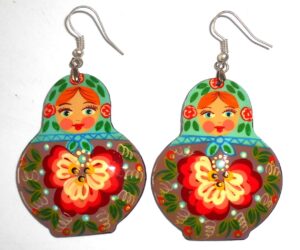 Earrings cyan scarf light brown floral dress Babushka Matryoshka Babooshki Babushkas