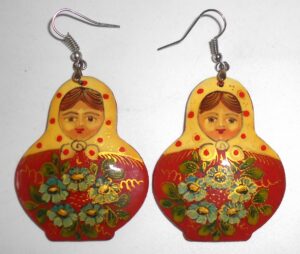 Earrings white w/dots scarf dark red floral dress Babushka Matryoshka Babooshki Babushkas