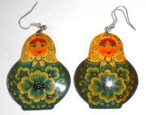 Earrings yellow scarf dark floral dress Babushka Matryoshka Babooshki Babushkas