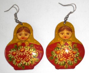 Earrings khaki scarf dark red floral dress Babushka Matryoshka Babooshki Babushkas