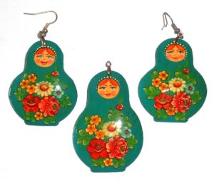 Earrings and pendant: cyan floral dress Babushka Matryoshka Babooshki Babushkas