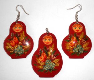 Earrings and pendant: dark red floral dress Babushka Matryoshka Babooshki Babushkas