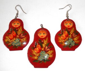 Earrings and pendant: dark red floral dress Babooshki s