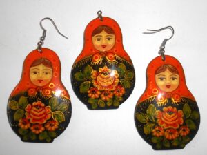 Earrings and pendant: red scarf black dress Babushka Matryoshka Babooshki Babushkas