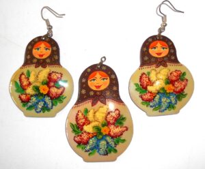 Earrings and pendant: dark brown scarf white floral dress Babushka Matryoshka Babooshki Babushkas