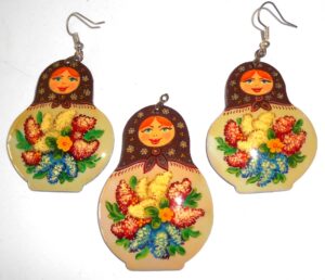 Earrings and pendant: dark brown scarf white floral dress Babooshki s
