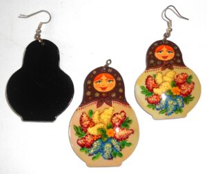 Earrings and pendant: dark brown scarf white floral dress Babooshki s