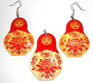 Earrings and pendant: red scarf white floral dress Babushka Matryoshka Babooshki Babushkas