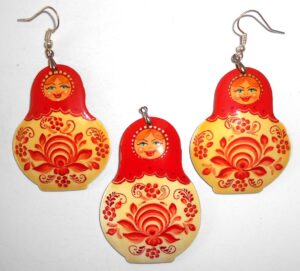 Earrings and pendant: red scarf white floral dress Babooshki s