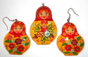 Earrings and pendant: red scarf yellow floral dress Babushka Matryoshka Babooshki Babushkas