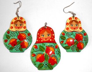 Earrings and pendant: red/white scarf cyan floral dress Babushka Matryoshka Babooshki Babushkas