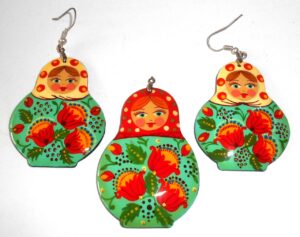 Earrings and pendant: red/white scarf cyan floral dress Babooshki s