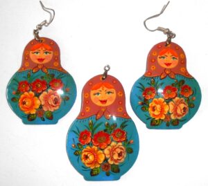 Earrings and pendant: light brown scarf blue floral dress Babushka Matryoshka Babooshki Babushkas