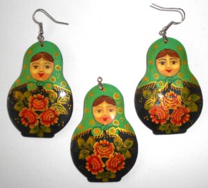 Earrings and pendant: green scarf black floral dress Babushka Matryoshka Babooshki Babushkas