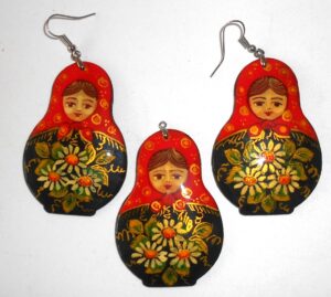 Earrings and pendant: red scarf black floral dress Babushka Matryoshka Babooshki Babushkas